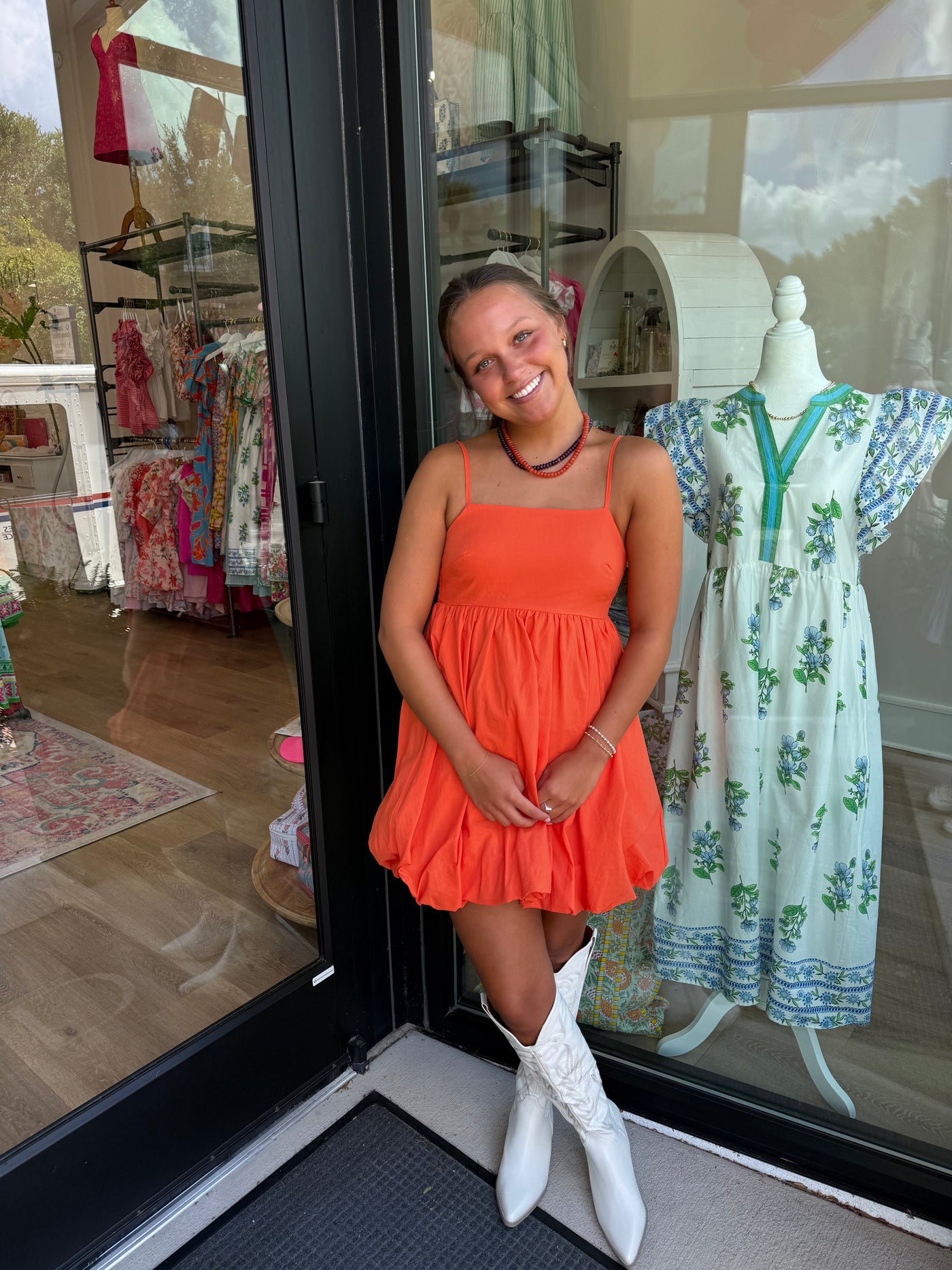 Orange Spaghetti Strap Bubble Mini Dress