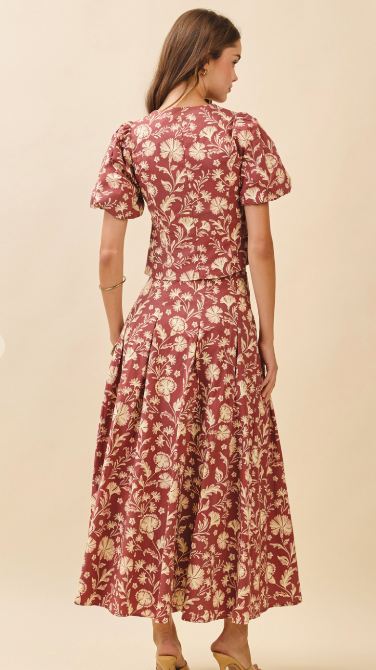 Floral Print Pleated Detail Midi Skirt Set-Brick
