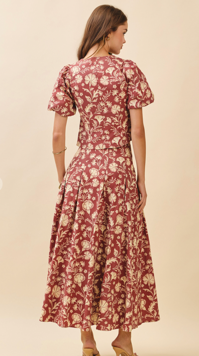 Floral Print Pleated Detail Midi Skirt Set-Brick