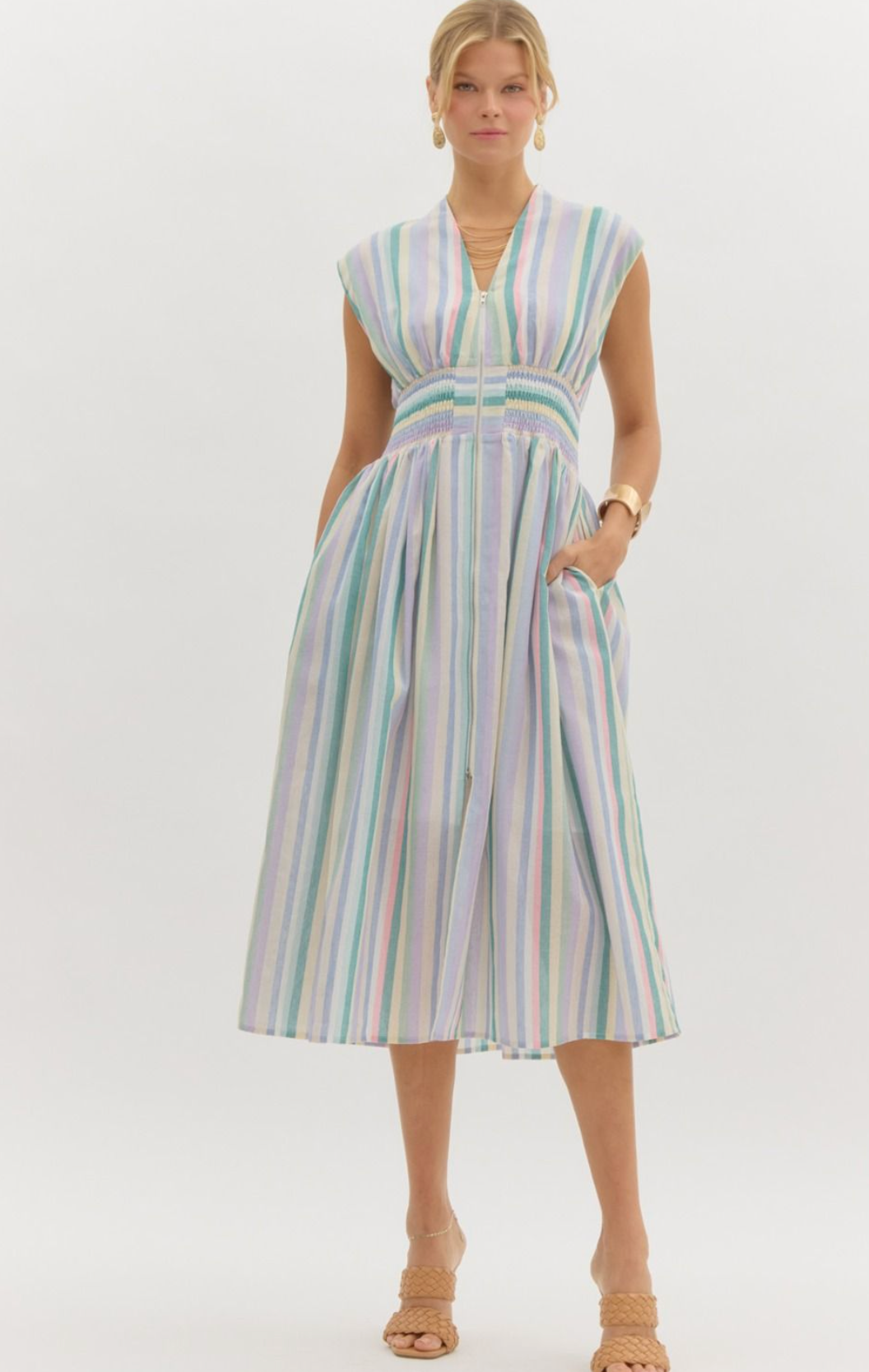 Cinched Waist Midi Dress- Pastel Stripes