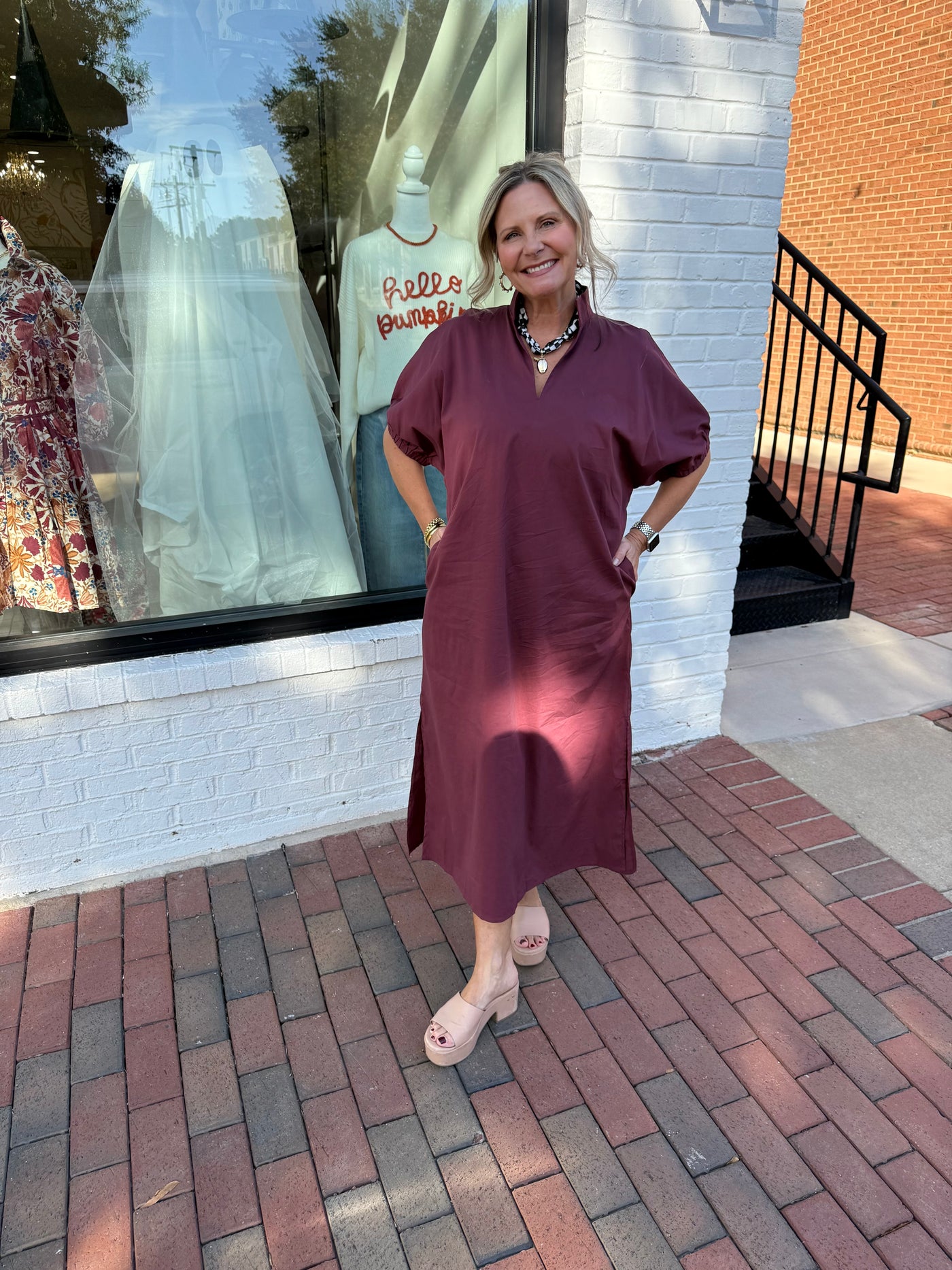 Wine Puff Sleeve Midi Dress