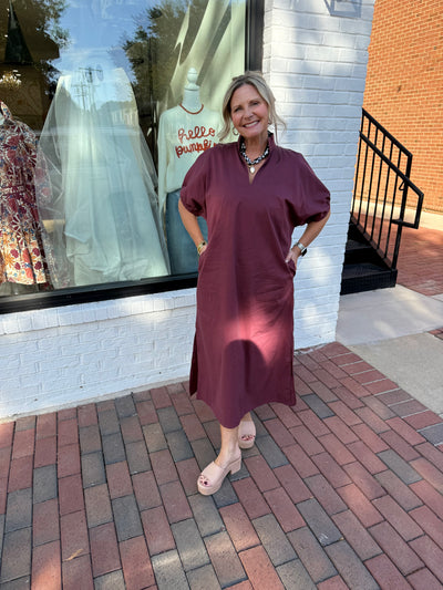 Wine Puff Sleeve Midi Dress