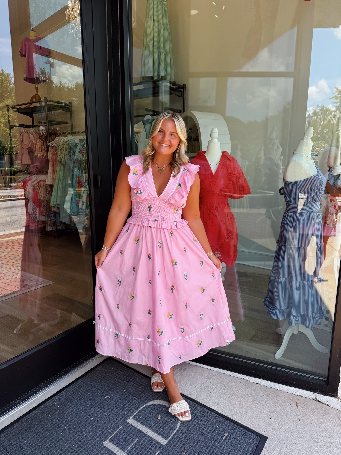 Flower Bouquet Embroidered Midi Dress- Pink