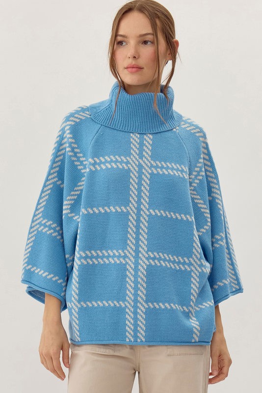 Blue Plaid Turtleneck Sweater