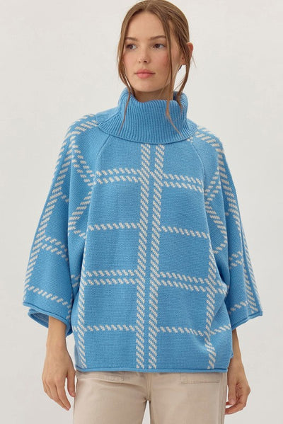 Blue Plaid Turtleneck Sweater