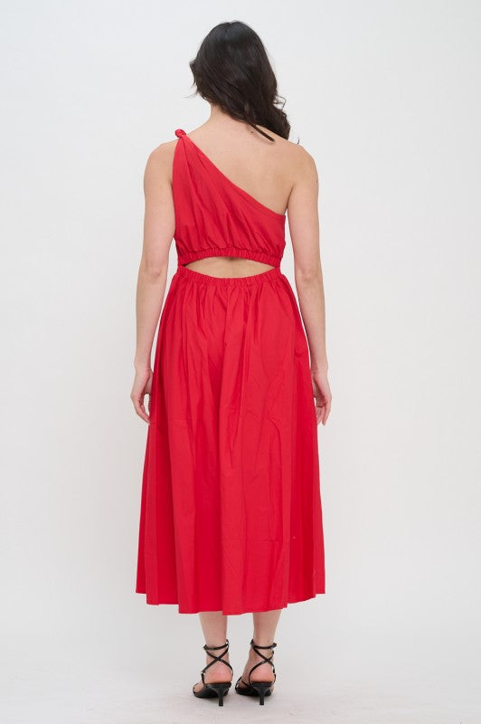 Red Poplin One Shoulder Maxi Dress