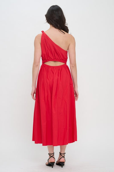 Red Poplin One Shoulder Maxi Dress
