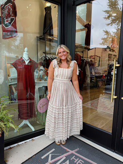 Cream Fall Floral Tiered Midi Dress