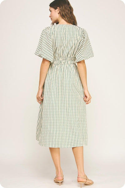 Checkered Puff Sleeve Midi Dress- Emerald
