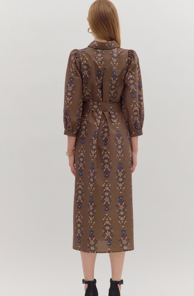 Brown Botanical Print Waist Tie Midi Dress