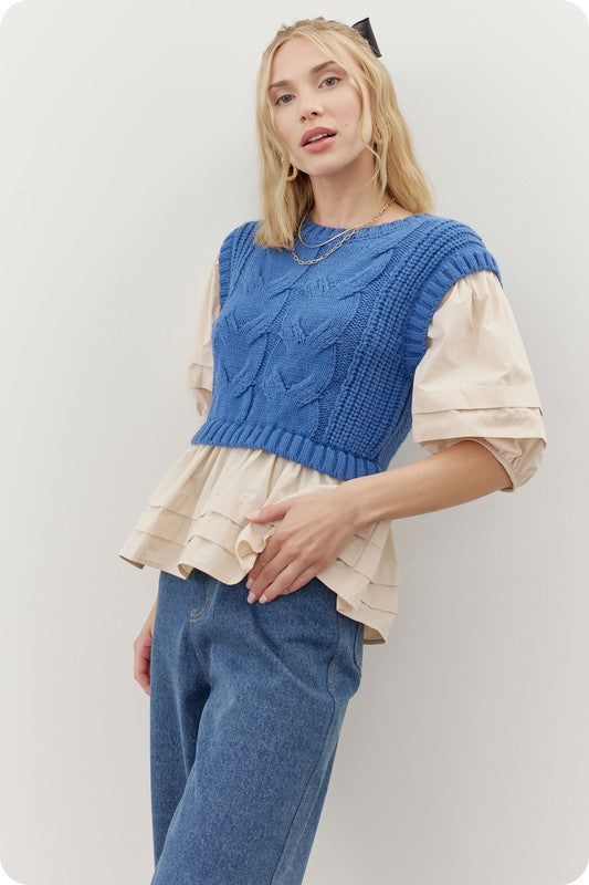 Mixed Fabric Cable Knit Top