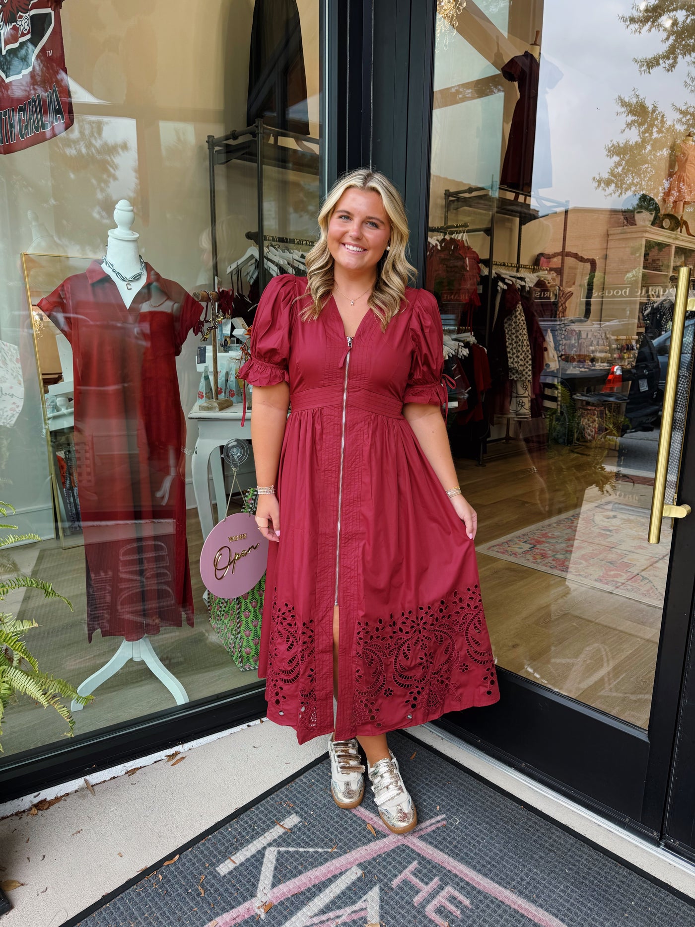 Garnet Puff Sleeve Eyelet Dress