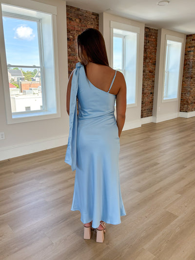 Blue Tie-up Shoulder Satin Maxi Dress
