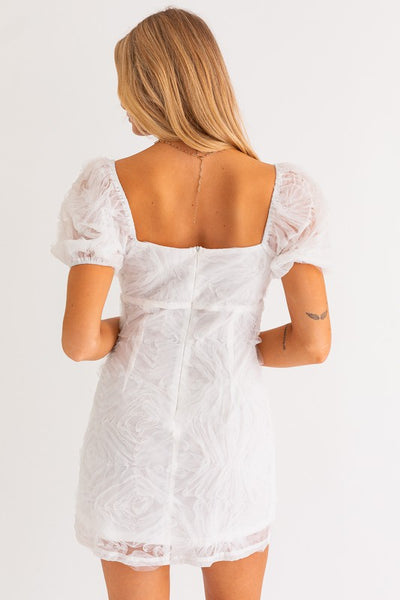 White Puff Sleeve Fitted Mesh Dress