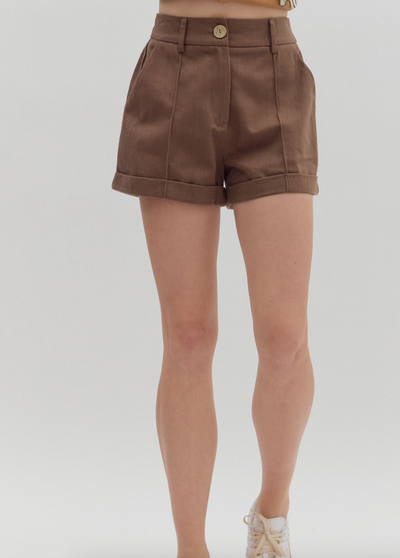 Brown High Waisted Pin Tuck Shorts