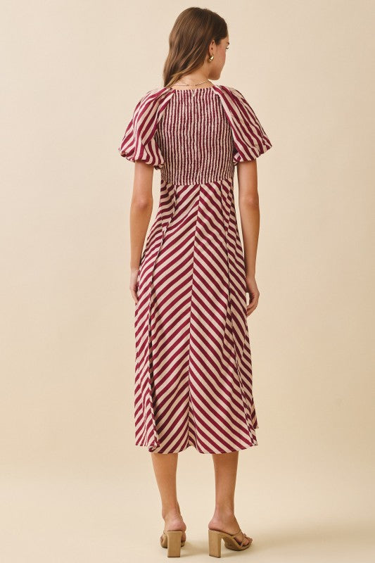 Burgundy Striped V-Neck Midi Dress