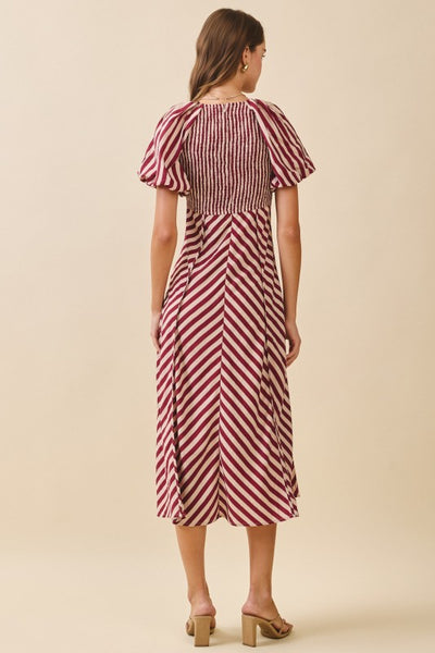 Burgundy Striped V-Neck Midi Dress
