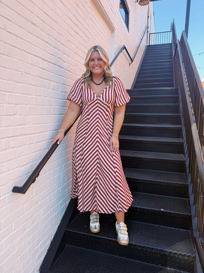 Burgundy Striped V-Neck Midi Dress