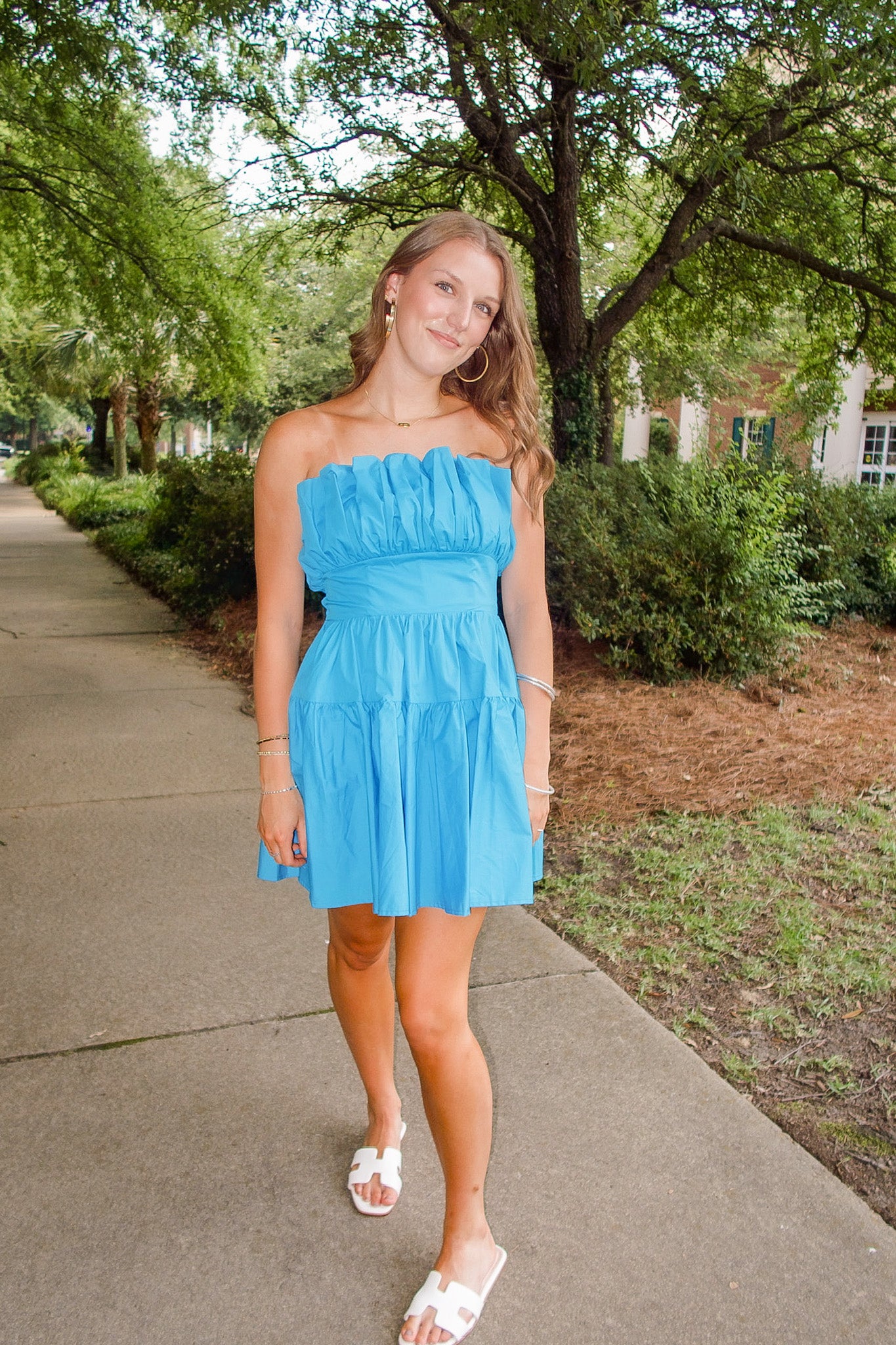 Dramatic Pleated Strapless Aqua Mini Dress