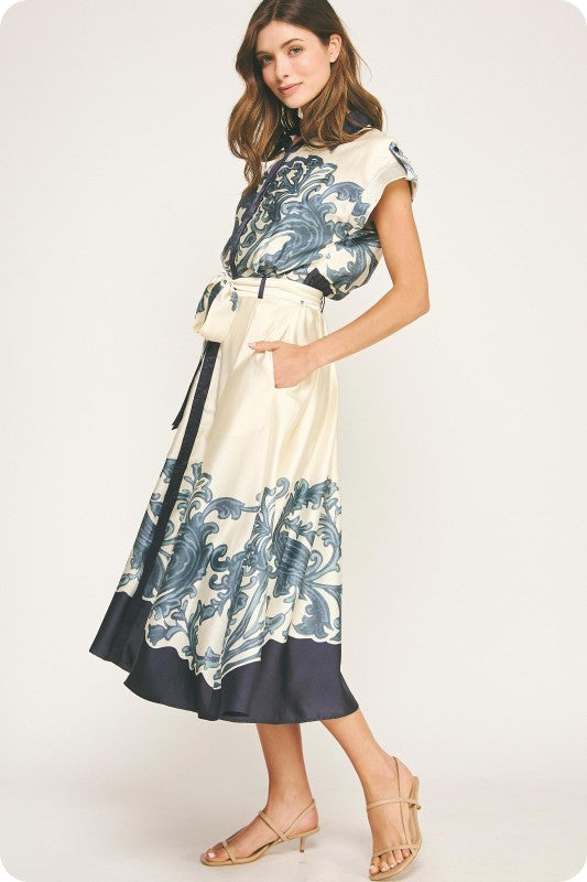 Border Print Satin Midi Dress- Ivory/Navy