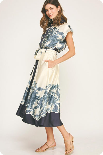 Border Print Satin Midi Dress- Ivory/Navy