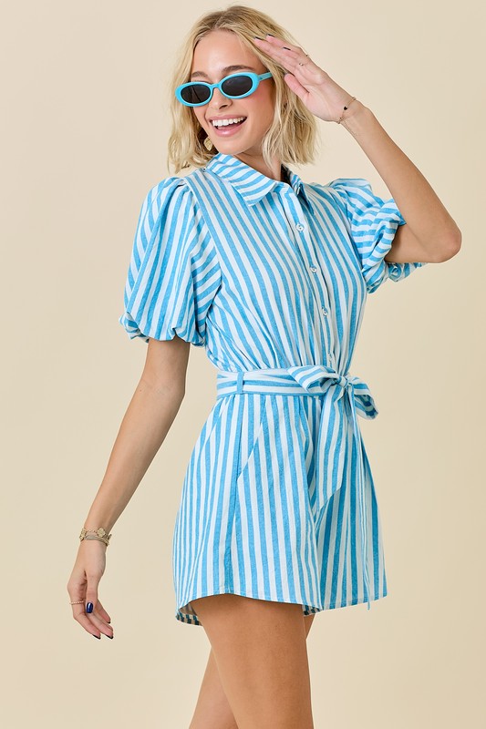 Striped Bubble Sleeve Romper- Blue