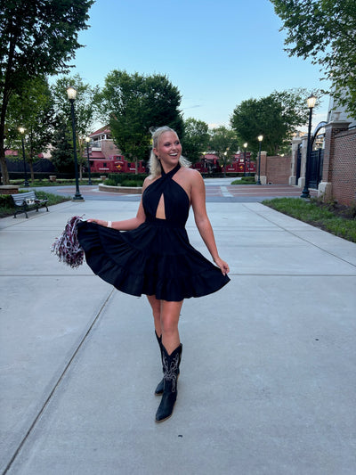 Halter Neck Tiered Mini Dress- Black