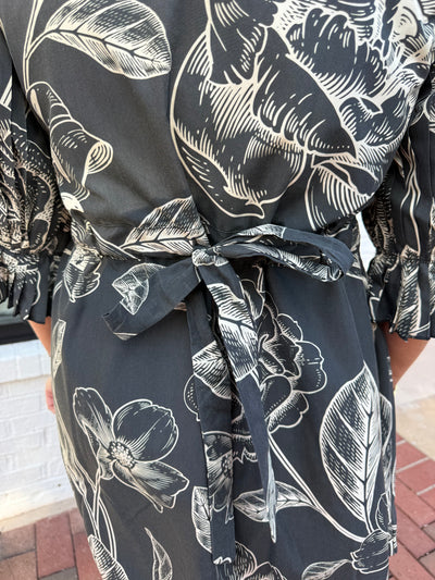 Black Floral Print Ruffle Trim Mini Dress