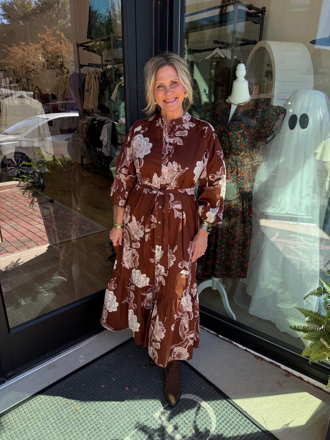 Brown Floral Print Long Sleeve Midi Dress