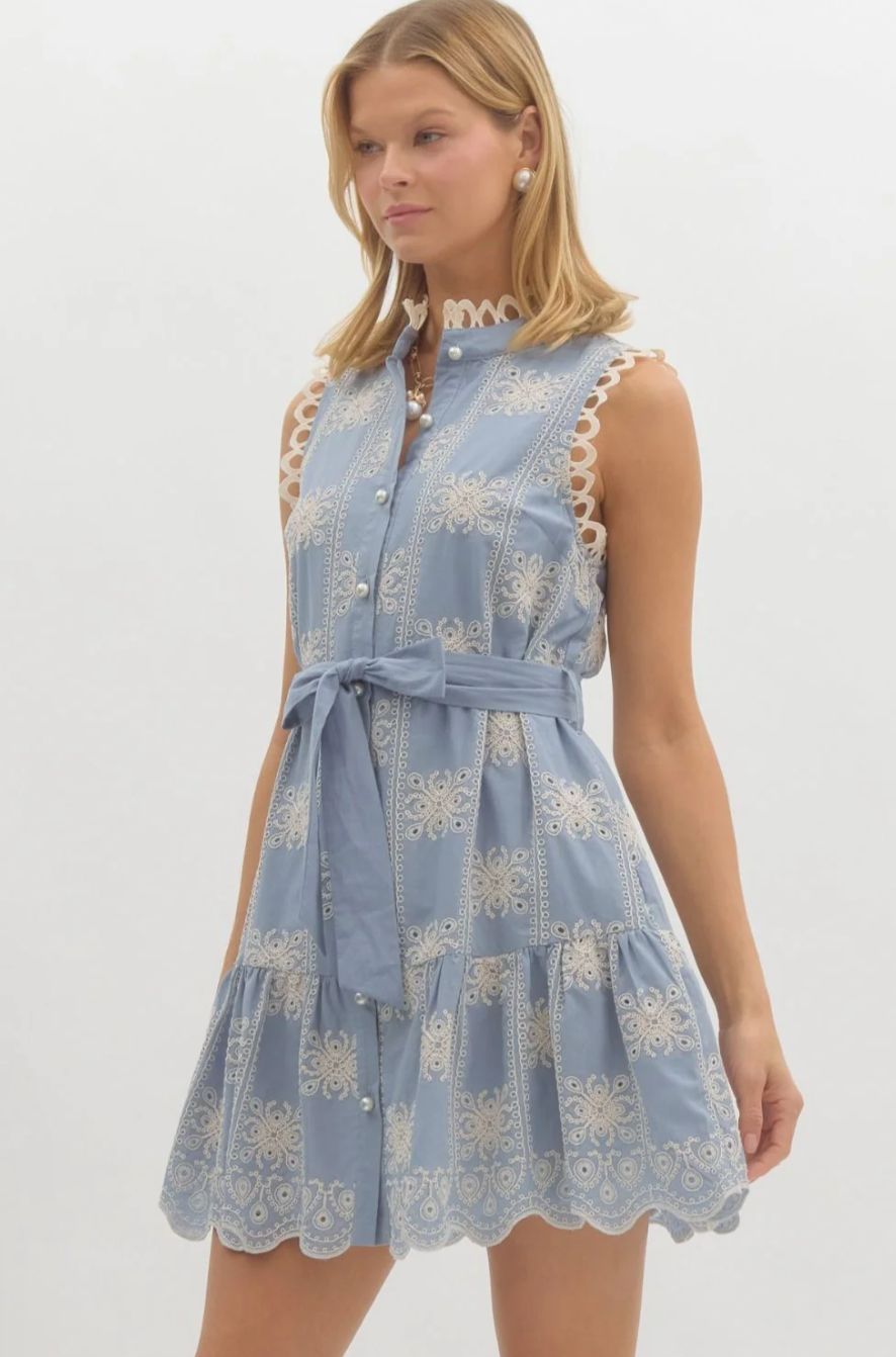 Blue Embroidered Sleeveless Mini Dress
