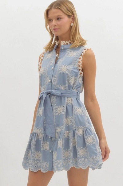 Blue Embroidered Sleeveless Mini Dress