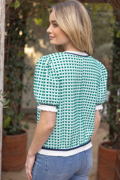 Green Striped Contrast Textured Gingham Knit Top