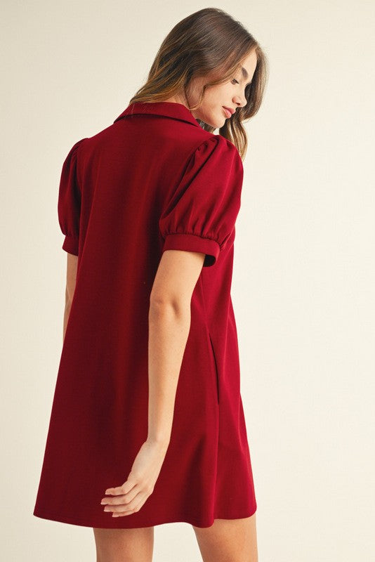 Burgundy Jersey Collar Dress With Pockets