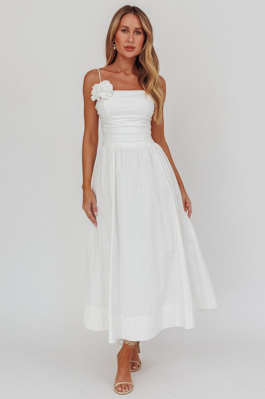 White 3D Flower Midi Dress