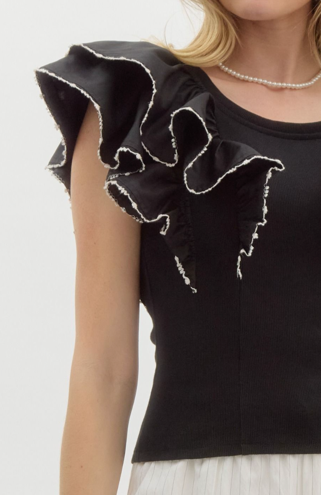 Black Ribbed Ruffle Sleeve Crop Top