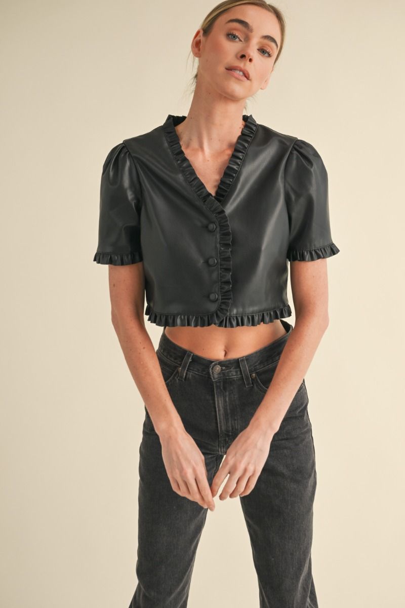 Black Faux Leather Ruffled Top