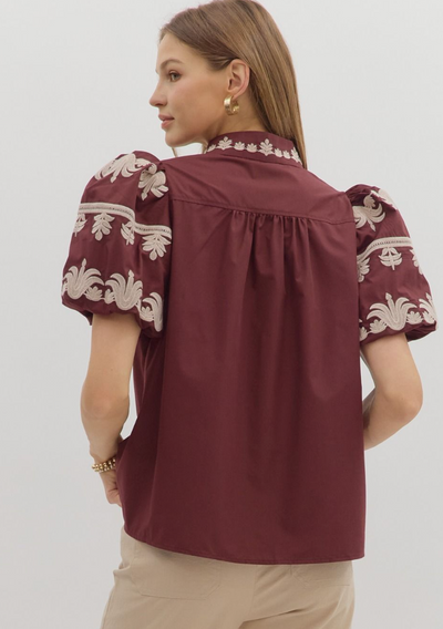 Burgundy Embroidered Bubble Sleeve Top