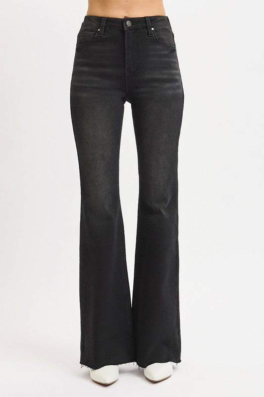 Black Wash High Rise Flare Raw Cut Hem Denim