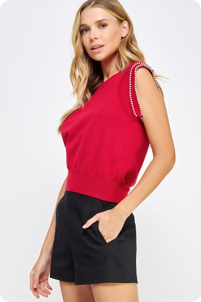 Red Pearl Trim Sleeveless Sweater