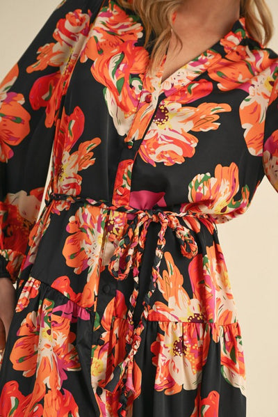 Floral Print Waist Tie Satin Dress