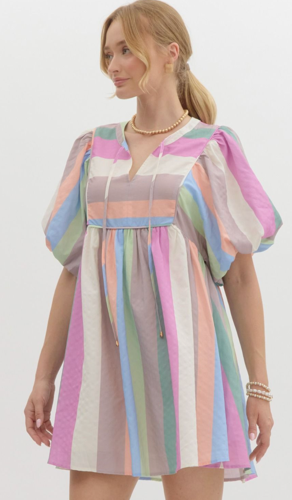 Striped Bubble Sleeve Babydoll Dress- Pastel