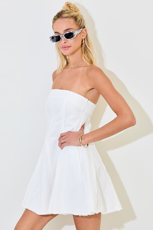 White Raw Edge Denim Mini Dress