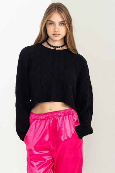 Cropped Cable Knit Sweater-Black