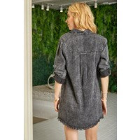 Long Sleeve Washed Denim Shirt Dress- Black