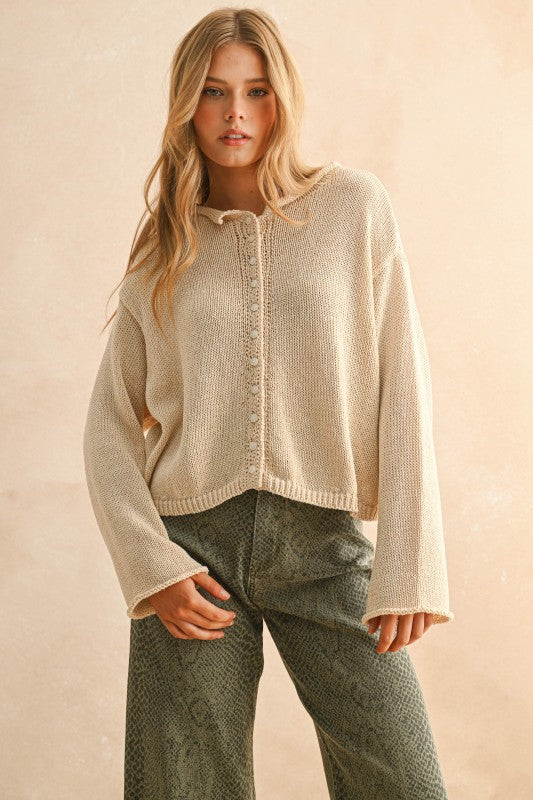 Pointelle Trim Cardigan Sweater- Cream