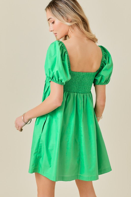 Puff Sleeve Summer Green Pleated Dress