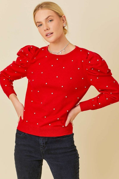 Rhinestone Studded Sweater- Red