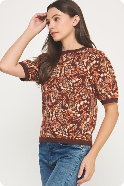 Brown Paisley Intarsia Knit Top