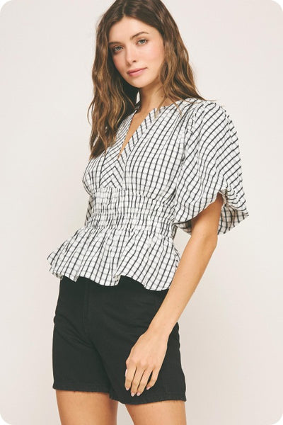 Ivory/Black Checkered Puff Sleeve Top