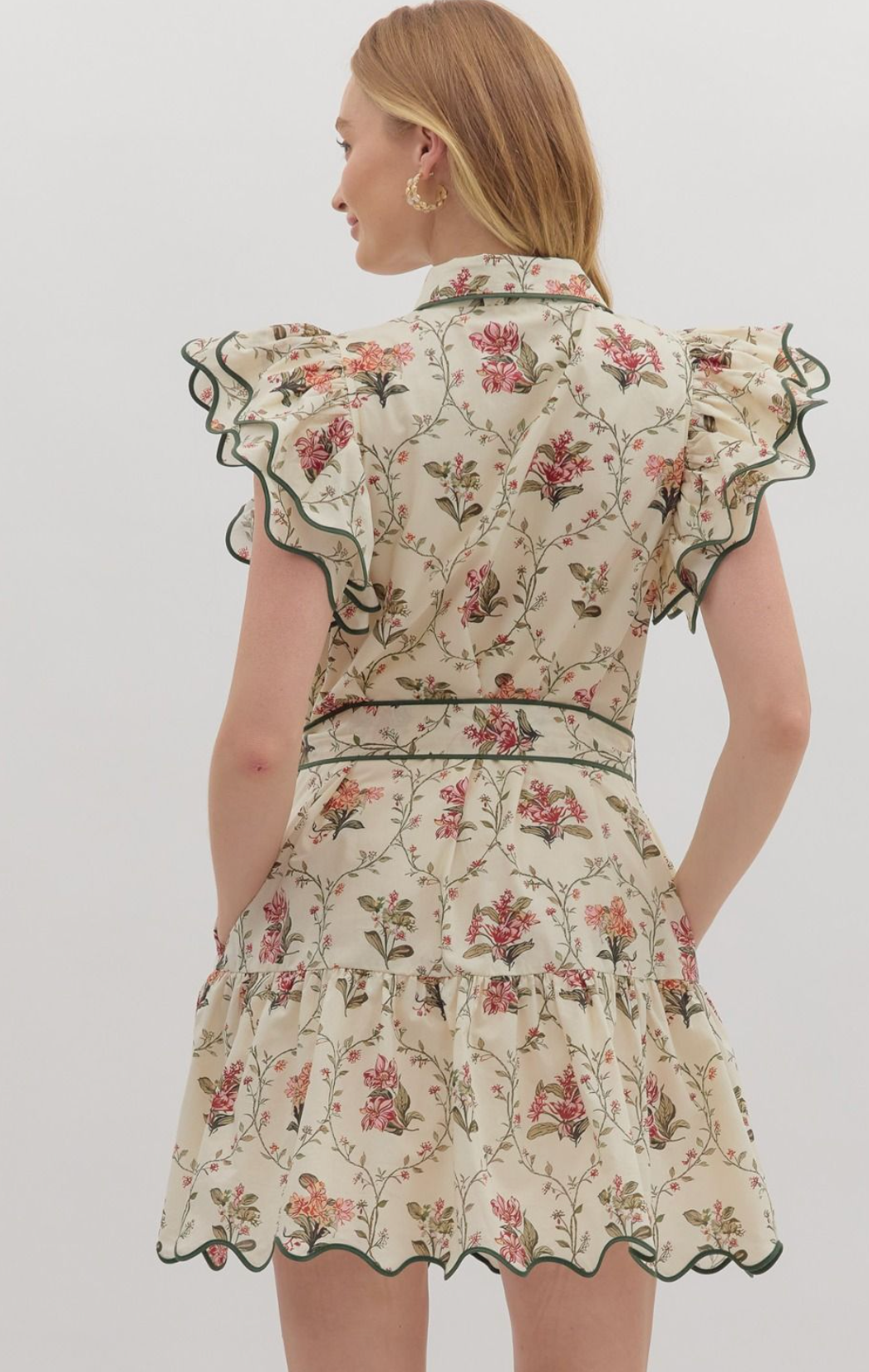 Cream Floral Scalloped Ruffle Sleeve Dress